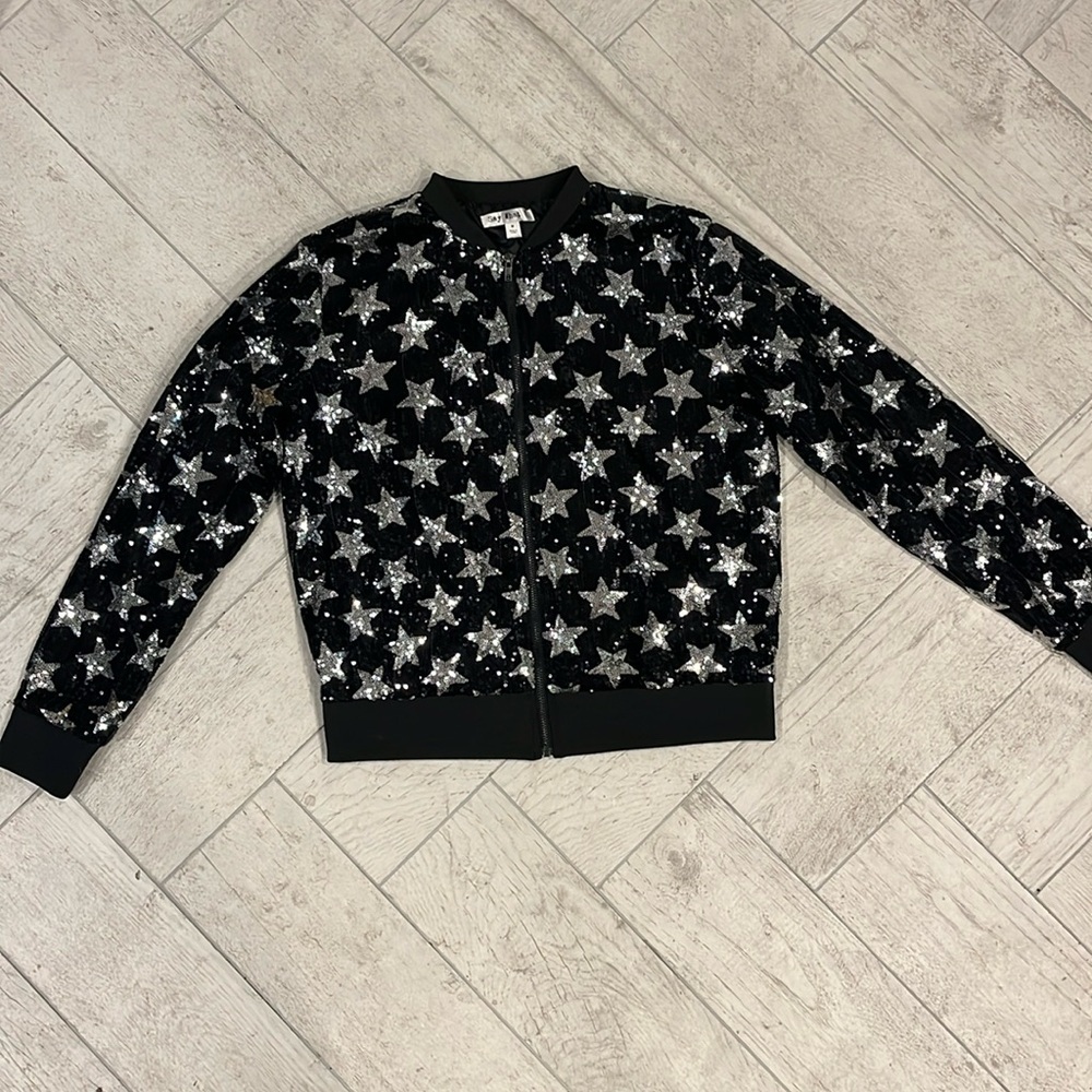 Say What? Sequin black & silver star sequin bomber jacket size M